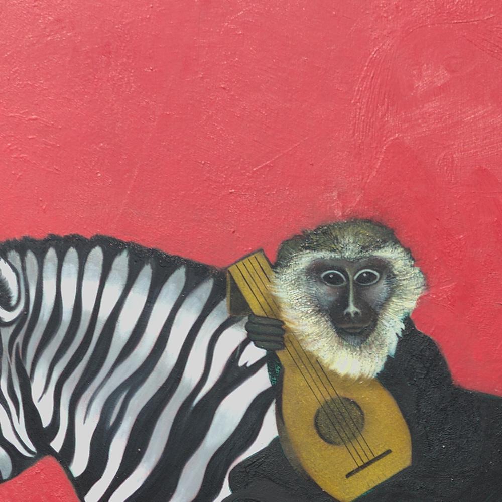 „In Pajamas“:: Leuchtender Affen auf Zebrarot:: symbolistisches Acrylgemälde (Rot), Animal Painting, von Françoise Duprat