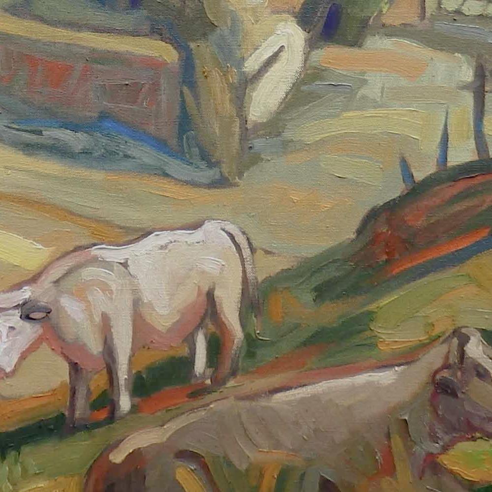 This artwork depicts a rural landscape of the Bourbonnais. In the foreground, on the right bottom corner, a Charolais cow is laying in the shadow of a tree, near a trough. Just behind, three other cows are grazing in the meadow. Two trees occupy the