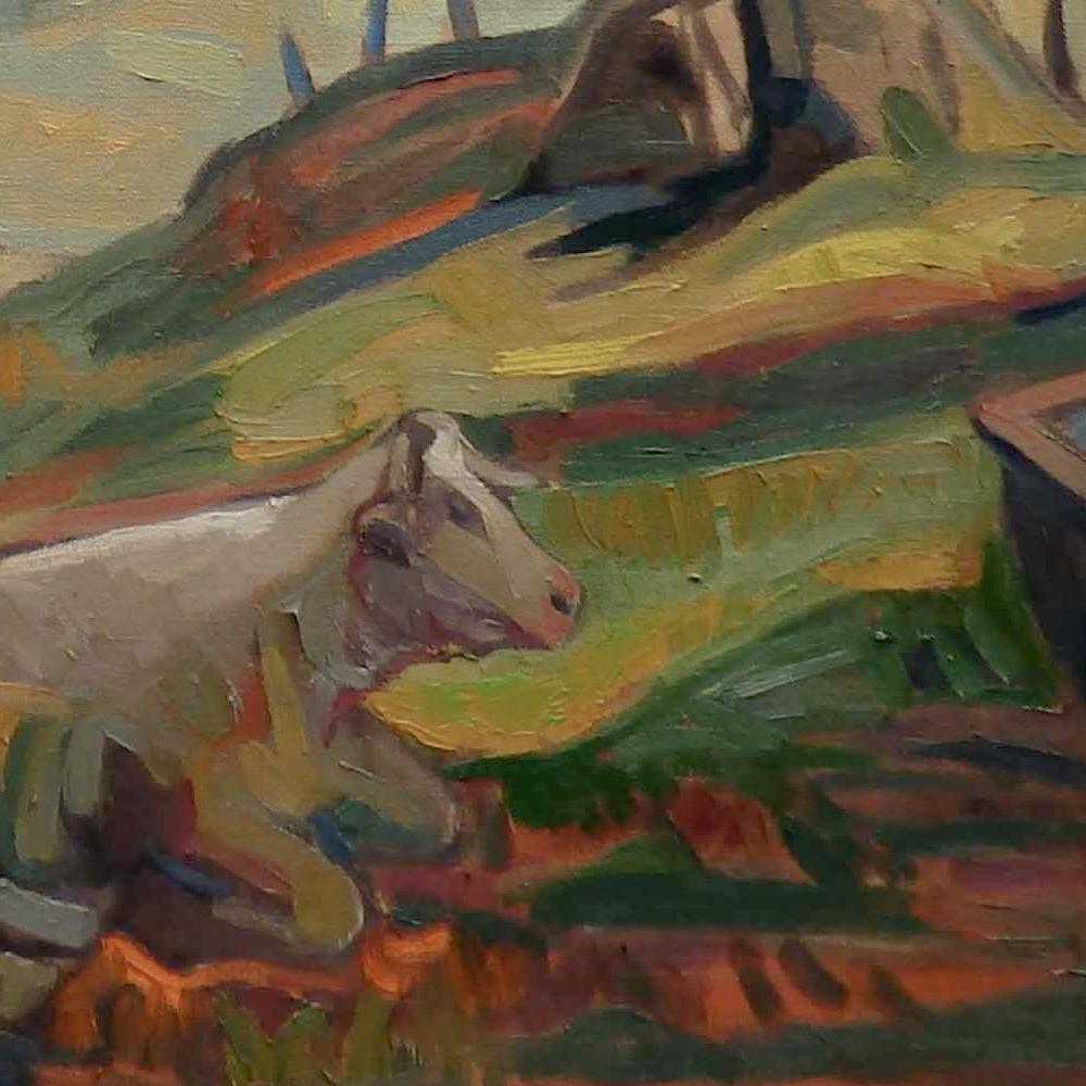 This artwork depicts a rural landscape of the Bourbonnais. In the foreground, on the right bottom corner, a Charolais cow is laying in the shadow of a tree, near a trough. Just behind, three other cows are grazing in the meadow. Two trees occupy the