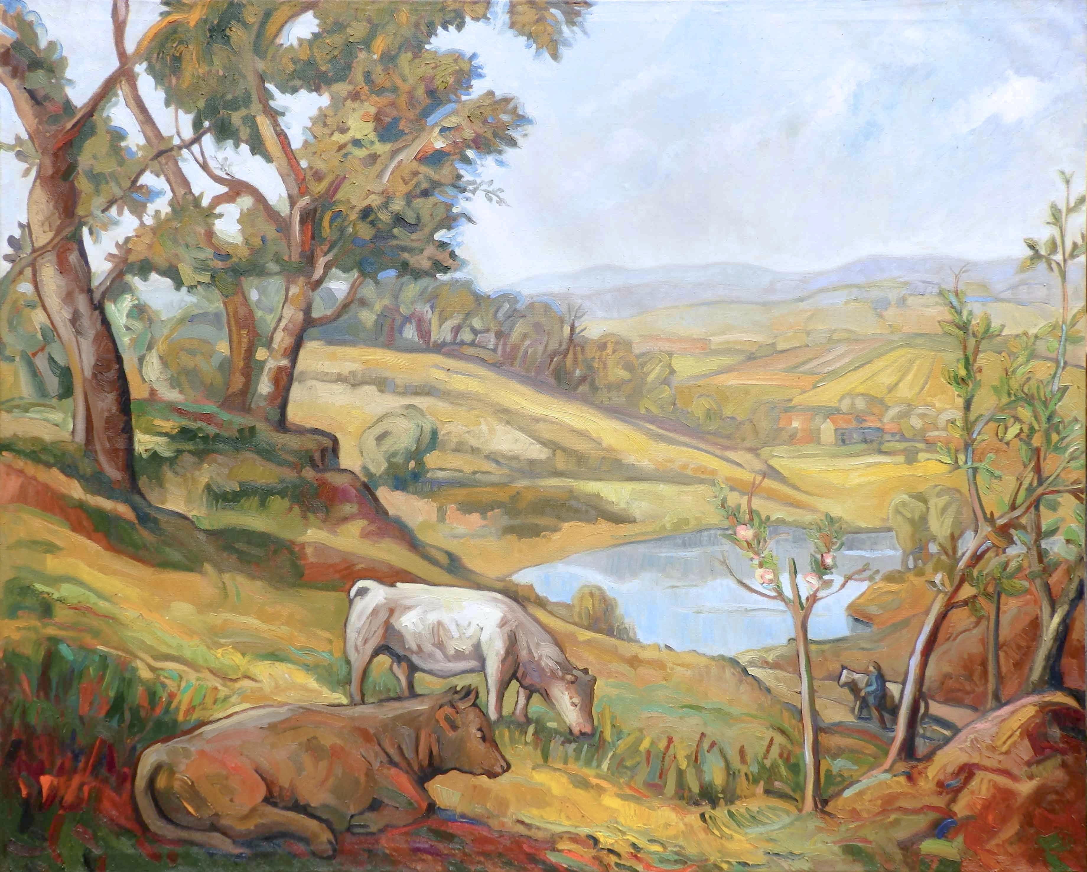 Yves Calméjane Landscape Painting - "Bourbonnais Scene", Large Rural Hilly Landscape Impressionist Oil Painting