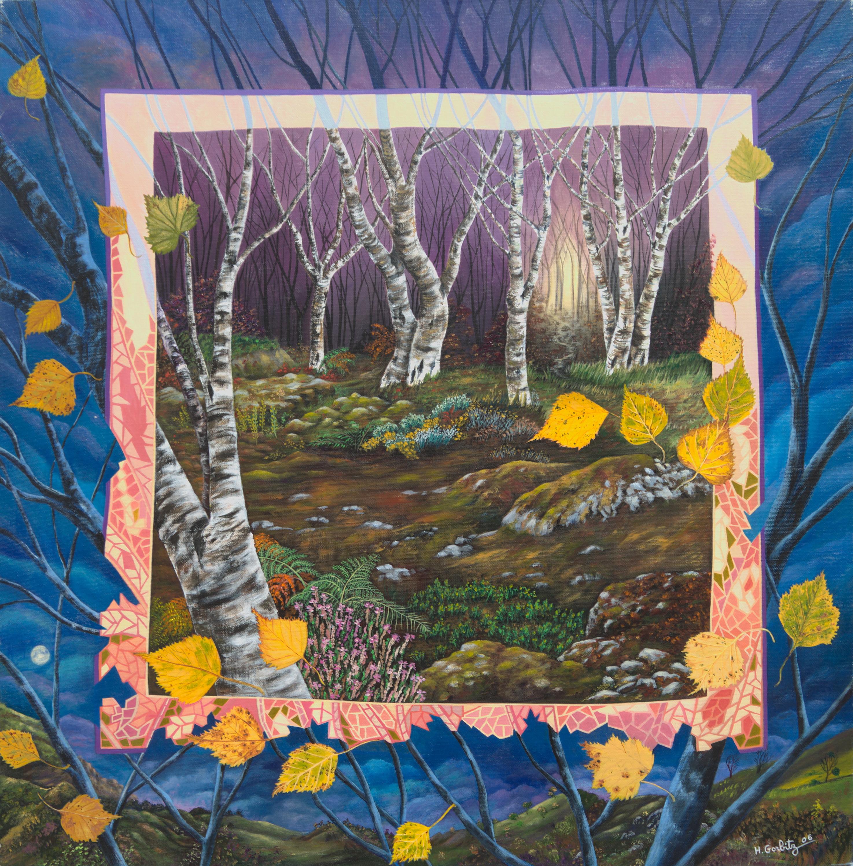 "Birch Woods", pittura acrilica surrealista di un paesaggio notturno ingenuo e primitivo