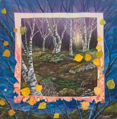 "Bosques de abedules", Pintura acrílica surrealista ingenua de paisaje nocturno primitivo