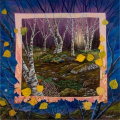 "Bois de bouleau", peinture acrylique surréaliste naïve primitive de paysage de nuit