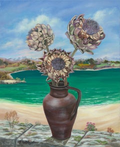 "Bouquet", Three Artichoke Flowers in a Jug Naive Primitive Acrylic Painting