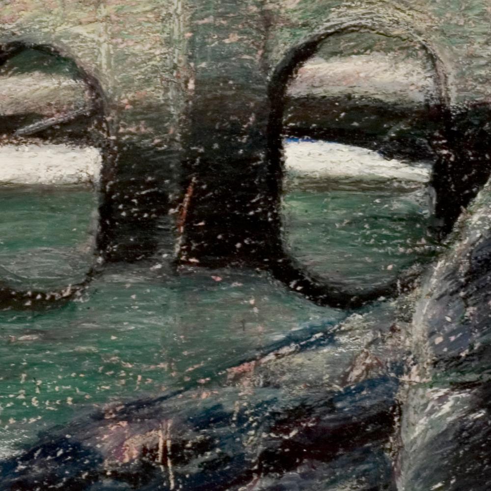 Steinbogenbrücke auf dem Fluss an der Dämmerung oder am Morgen mit grünen Bäumen, Ölpastell (Impressionismus), Painting, von Marc Chaubaron