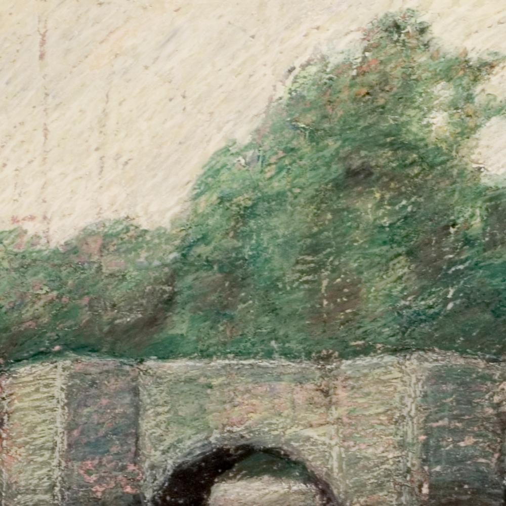 Stone Arch Bridge on the River at Dusk or Dawn with Green Trees Oil Pastel - Impressionist Painting by Marc Chaubaron