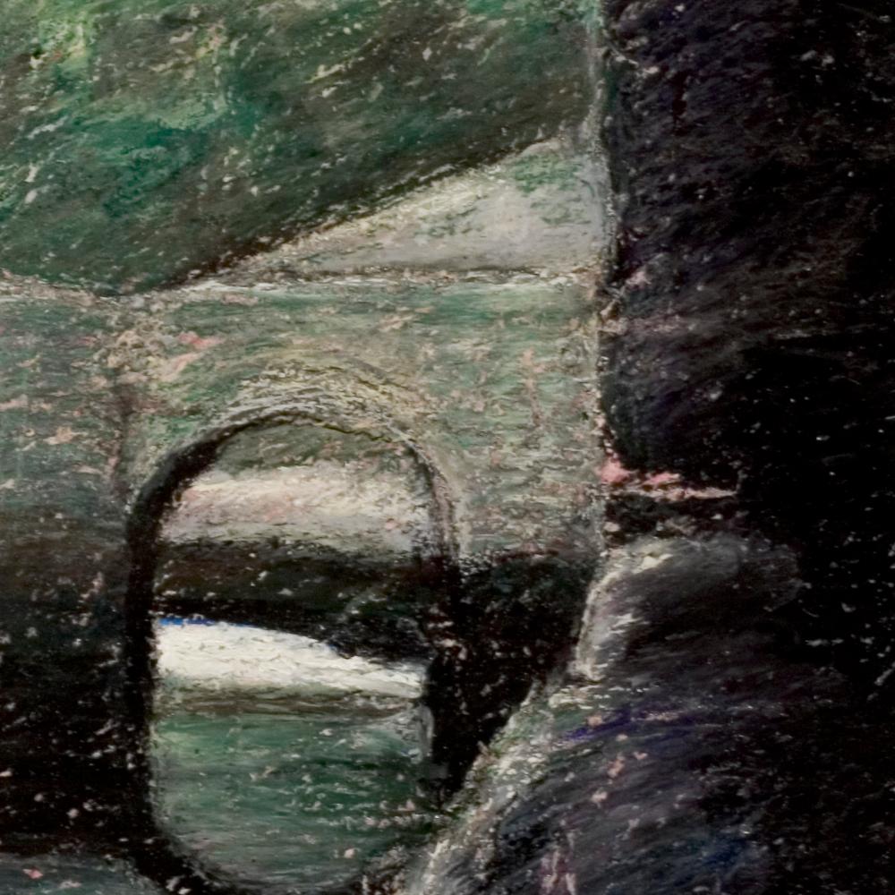 Stone Arch Bridge on the River at Dusk or Dawn with Green Trees Oil Pastel 1