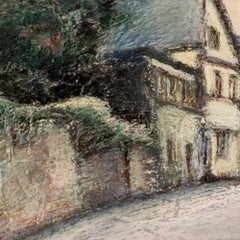 Calle curva con cielo rosa, casas, muro y árboles Pastel al óleo