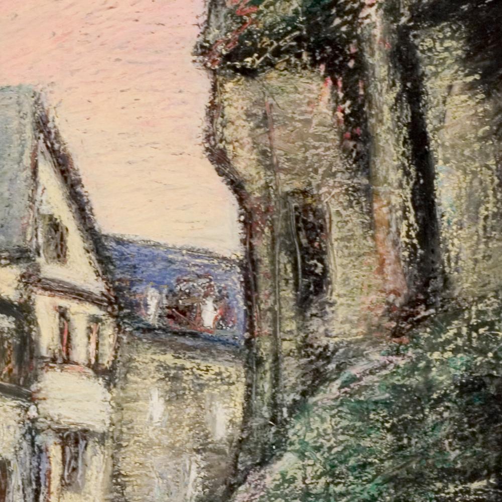 Curved Street with Pink Sky, Houses, Wall and Trees Oil Pastel - Brown Landscape Painting by Marc Chaubaron