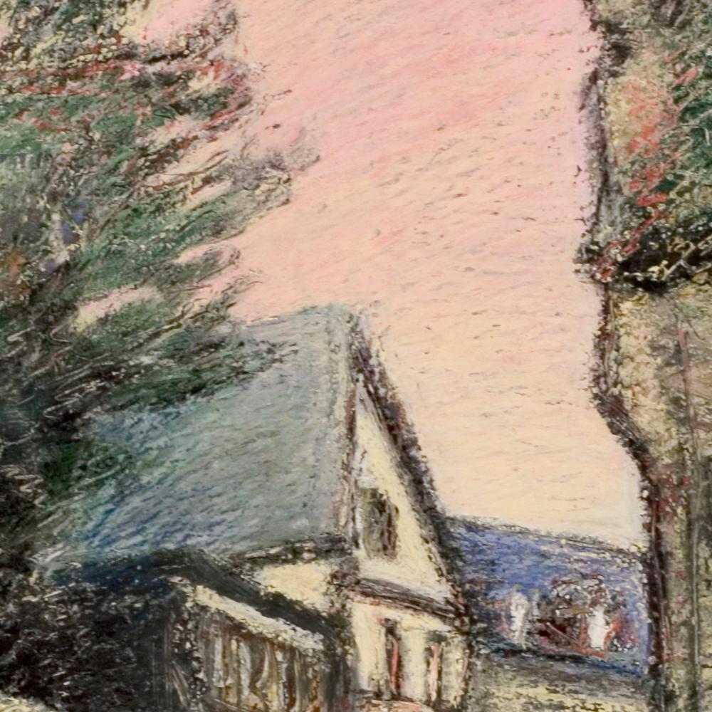 This artwork is part of a series of oil pastels from Marc Chaubaron, who aimed to keep a record of the old Saint-Goustan French port.

It features a view of a curved street, a wall, houses, trees and bush.  The pink sky indicates dusk or dawn.

The