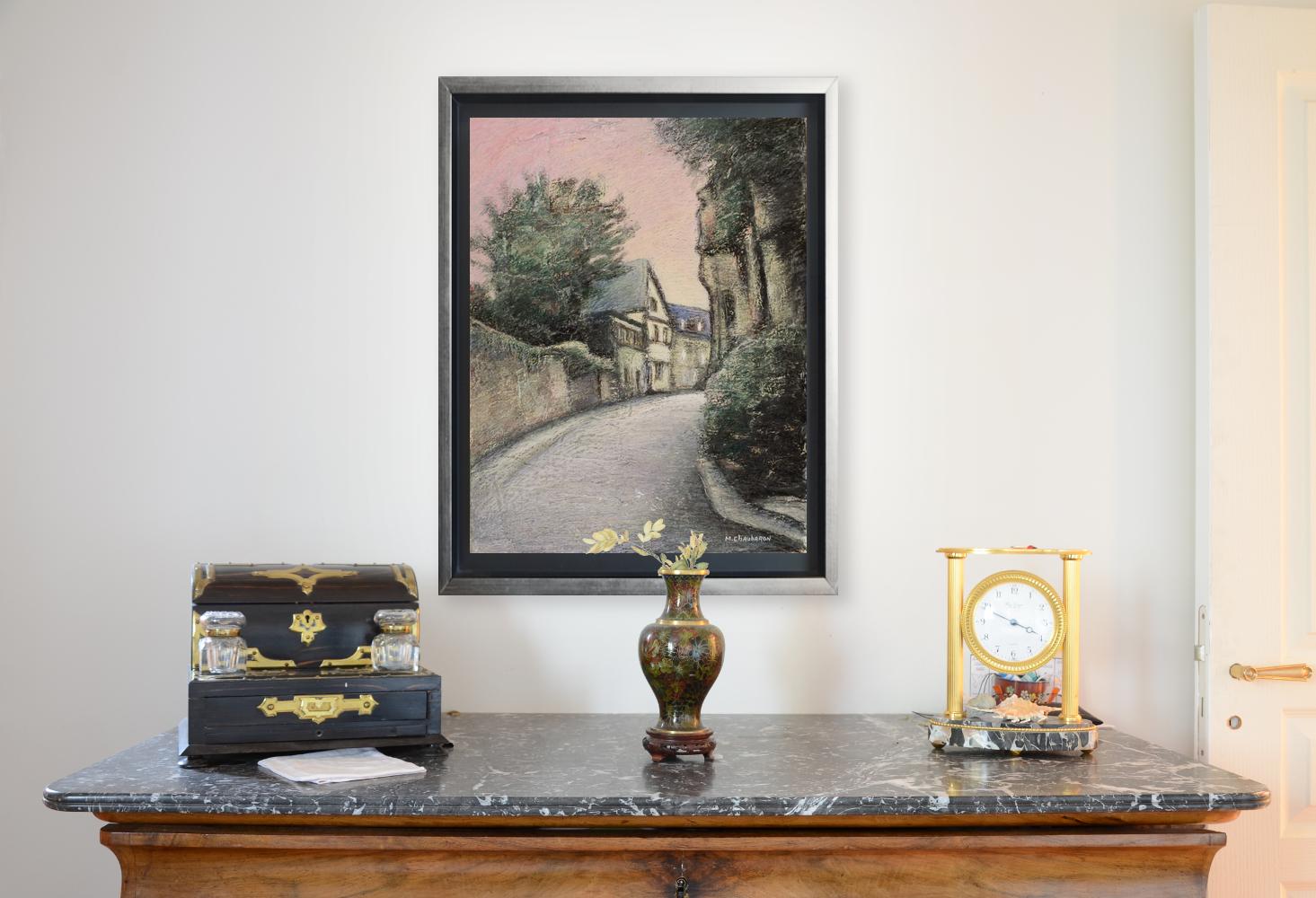 Curved Street with Pink Sky, Häuser, Wand und Bäume, Ölpastell, gebogene Straße im Angebot 7