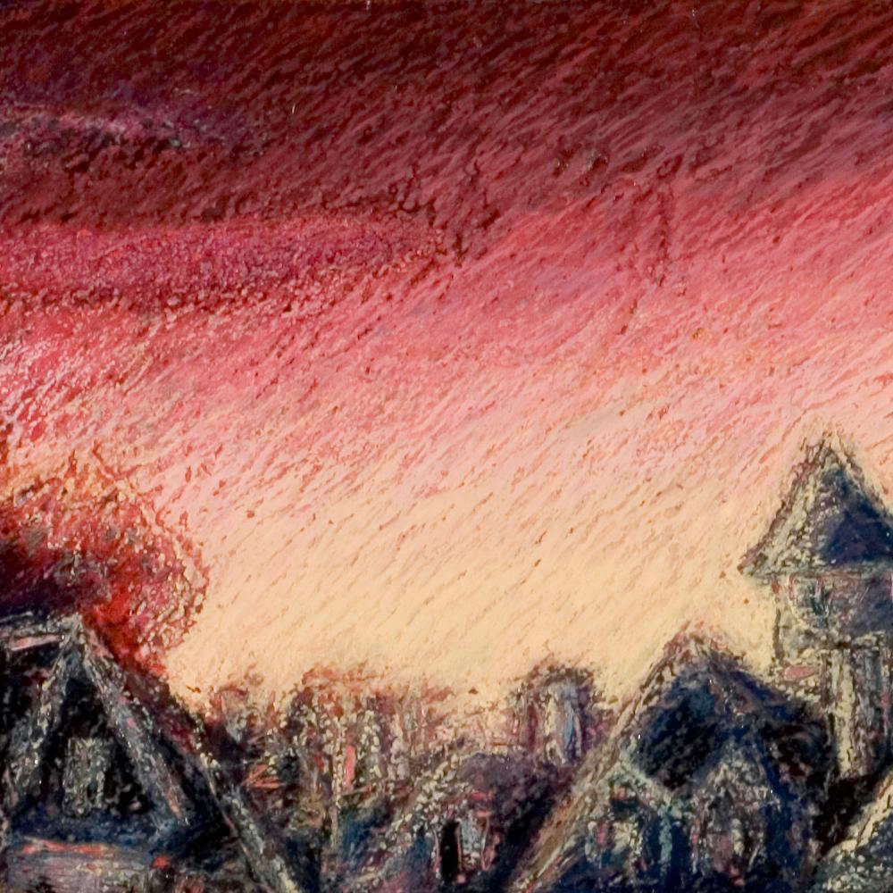 Ansicht des Hafens von Saint-Goustan bei Sonnenuntergang, Ölpastell – Painting von Marc Chaubaron
