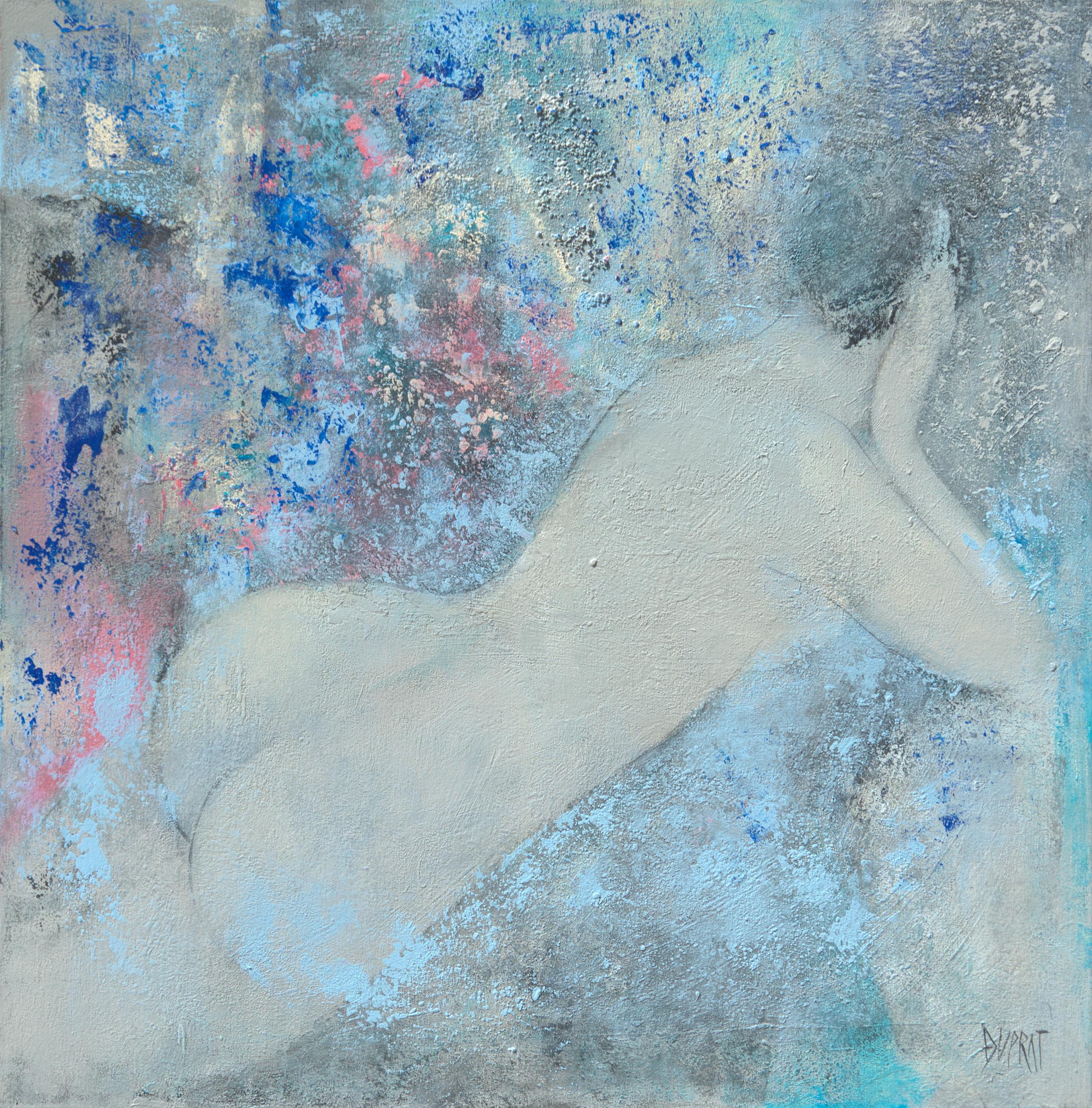 Françoise Duprat Figurative Painting - Desnuda, Nude Woman Laying on her Stomach with Blue Background Acrylic Painting