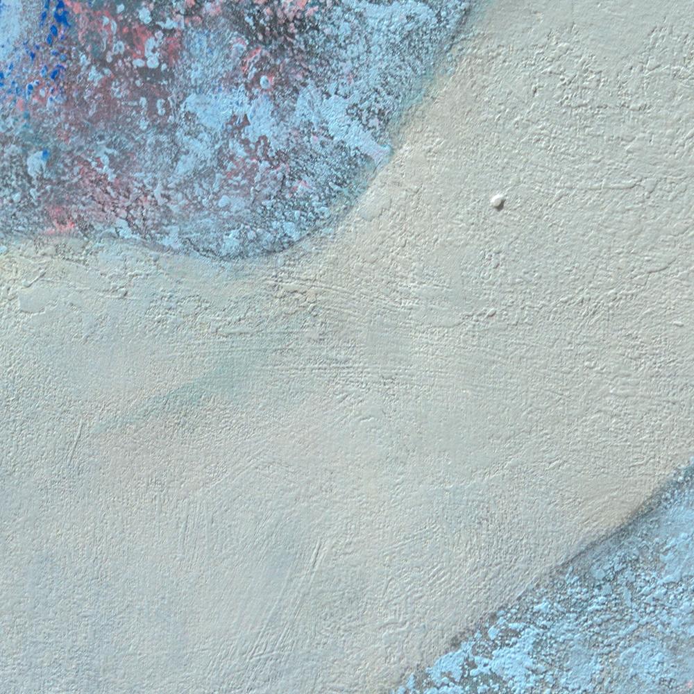 This artwork depicts a woman laying on her stomach, head in her hands, the body along a diagonal of the painting. The background is an abstract mix of light blue, marine blue, and pink, on a grey-beige substrate.

The artist impasto technique is