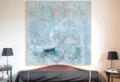 "Alone, a Bark", White Blue and Red Figurative Abstract Squared Acrylic Painting