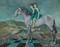 "Runaways", Children Riding a Horse Large Oniric Symbolist Oil Painting