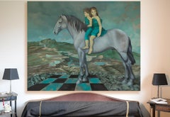 "Runaways", Children Riding a Horse Large Oniric Symbolist Oil Painting