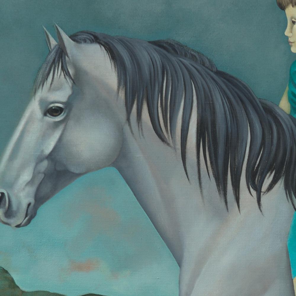This painting is an early work from the figurative, symbolist artistic period of Françoise Duprat, who nowadays paints mostly abstract paintings.

This artwork depicts two children (presumably a boy and a girl) riding a white/grey horse, draped in