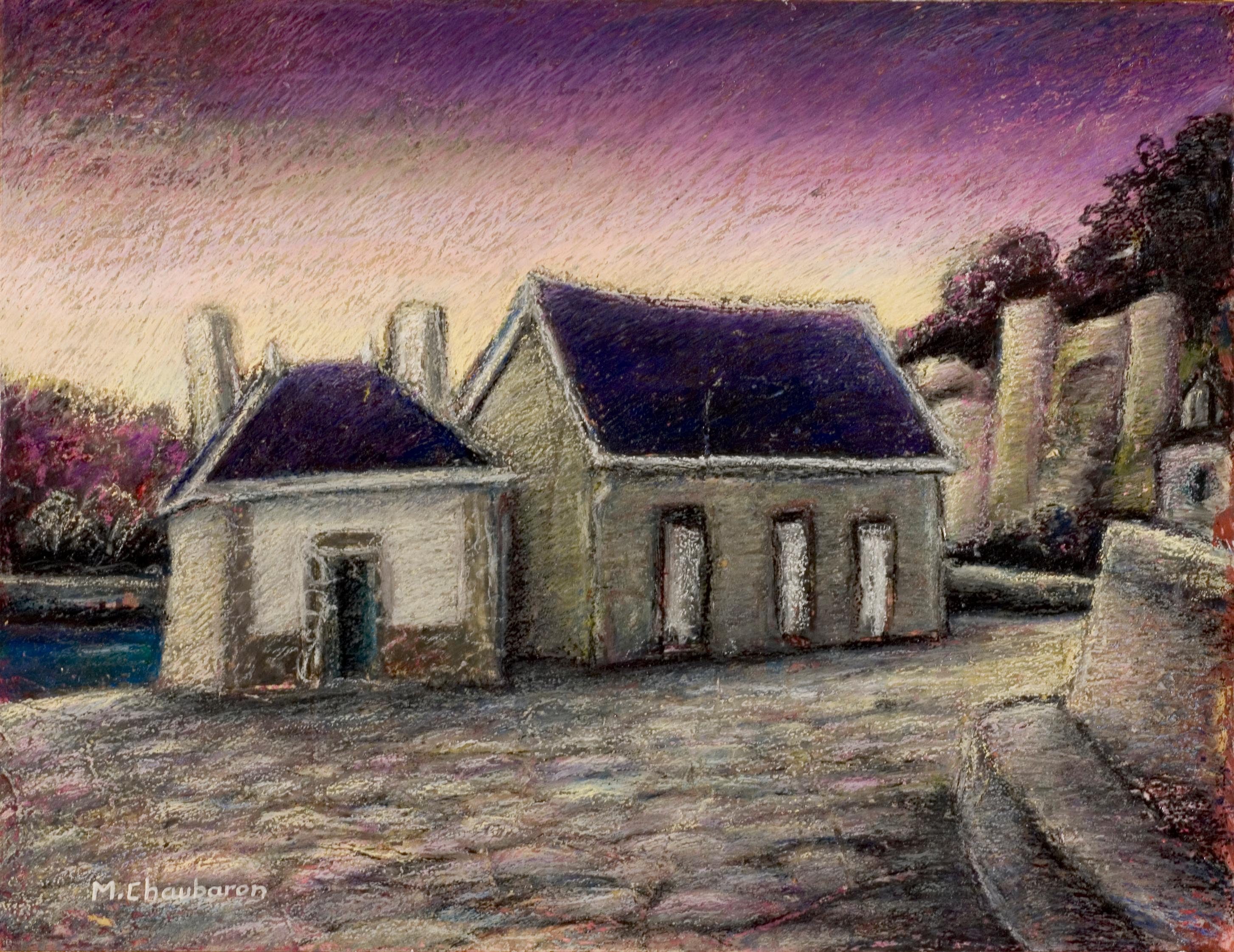 Dos casitas con tejado de pizarra al atardecer Pastel al óleo