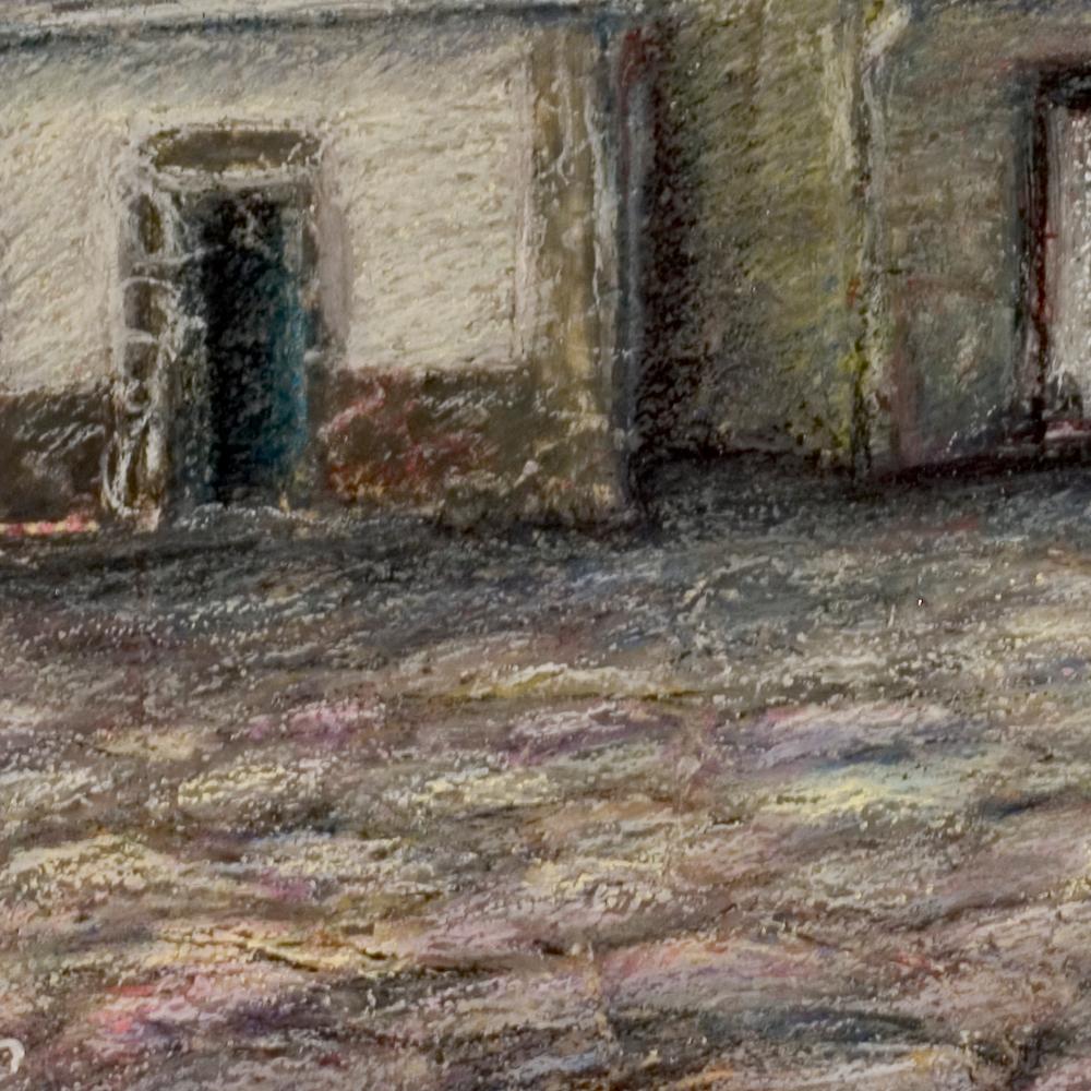 Two Small Houses with Roof in Slate at Sunset Oil Pastel - Impressionist Painting by Marc Chaubaron