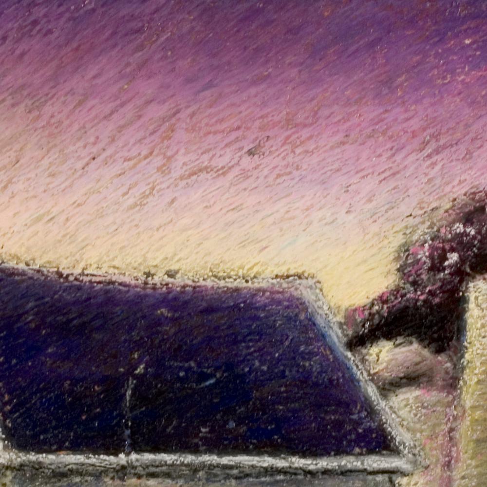 Two Small Houses with Roof in Slate at Sunset Oil Pastel - Gray Landscape Painting by Marc Chaubaron