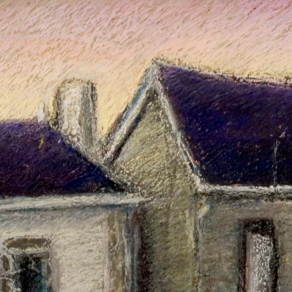 This artwork is part of a series of oil pastels from Marc Chaubaron, who aimed to keep a record of the old Saint-Goustan French port.

It depicts two houses with slate roof on the port, with the castle walls behind.

The artist used a homemade