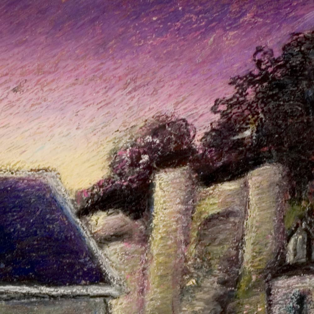 Two Small Houses with Roof in Slate at Sunset Oil Pastel For Sale 1