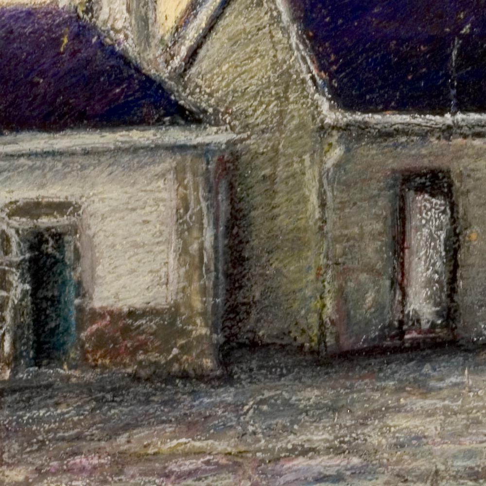 Two Small Houses with Roof in Slate at Sunset Oil Pastel For Sale 2