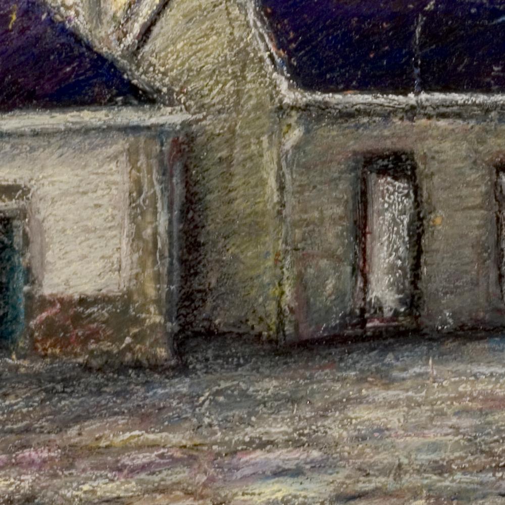 Two Small Houses with Roof in Slate at Sunset Oil Pastel For Sale 3