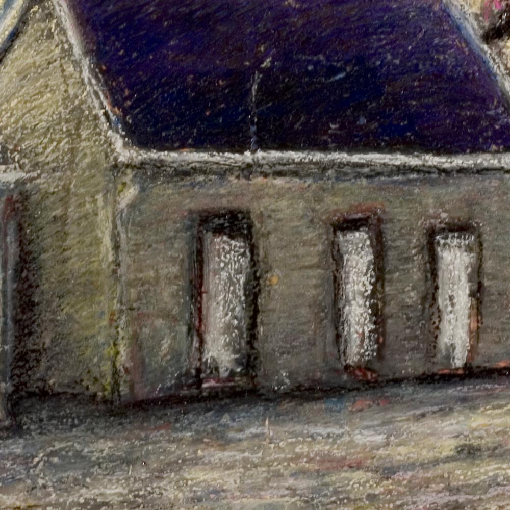 Two Small Houses with Roof in Slate at Sunset Oil Pastel For Sale 4