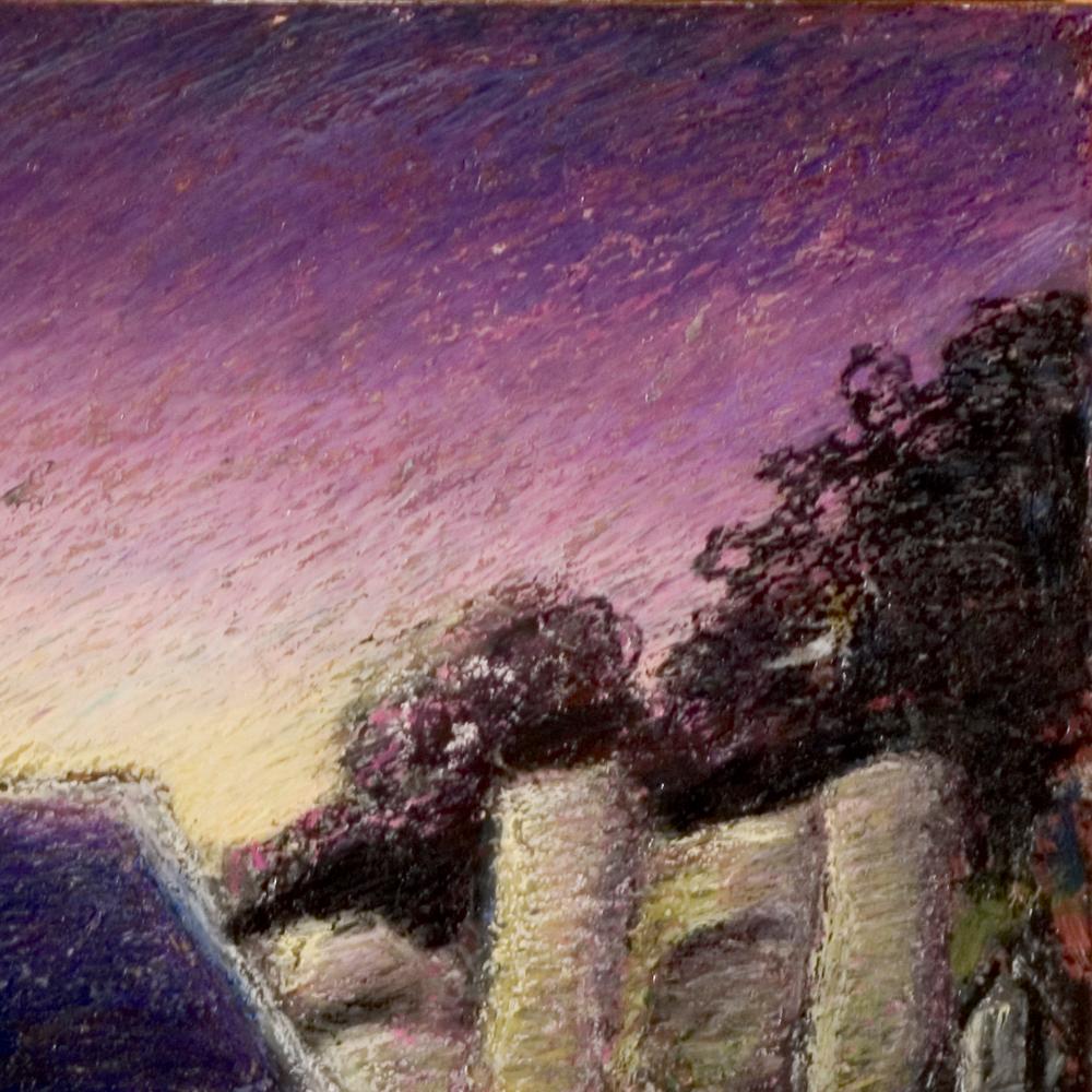 Two Small Houses with Roof in Slate at Sunset Oil Pastel For Sale 5