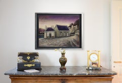 Dos casitas con tejado de pizarra al atardecer Pastel al óleo