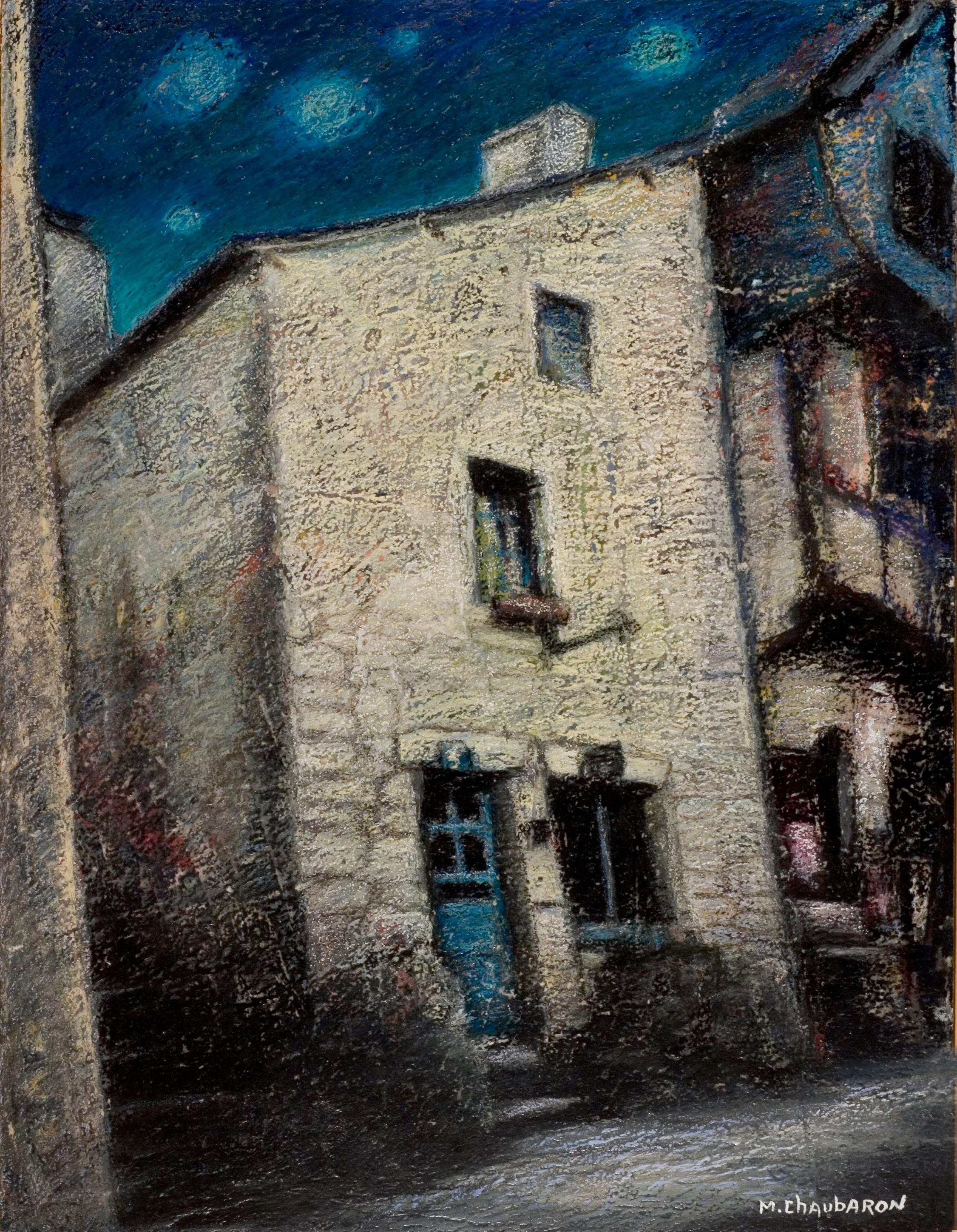 Marc Chaubaron Figurative Painting - House with Blue Wood Door and Sloping Roof at Night Oil Pastel