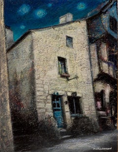 House with Blue Wood Door and Sloping Roof at Night Oil Pastel