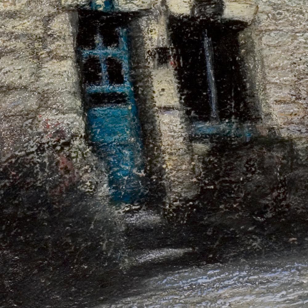 House with Blue Wood Door and Sloping Roof at Night Oil Pastel - Impressionist Painting by Marc Chaubaron