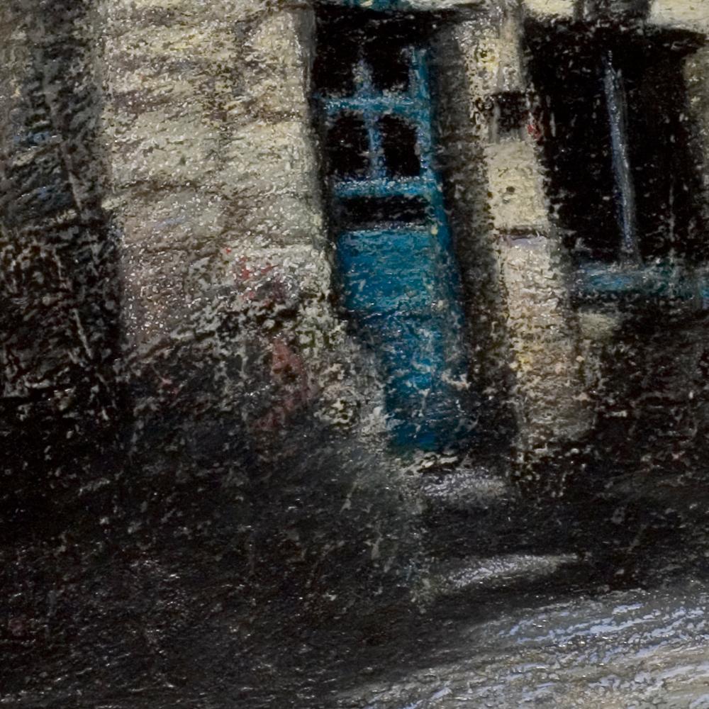 House with Blue Wood Door and Sloping Roof at Night Oil Pastel - Black Figurative Painting by Marc Chaubaron