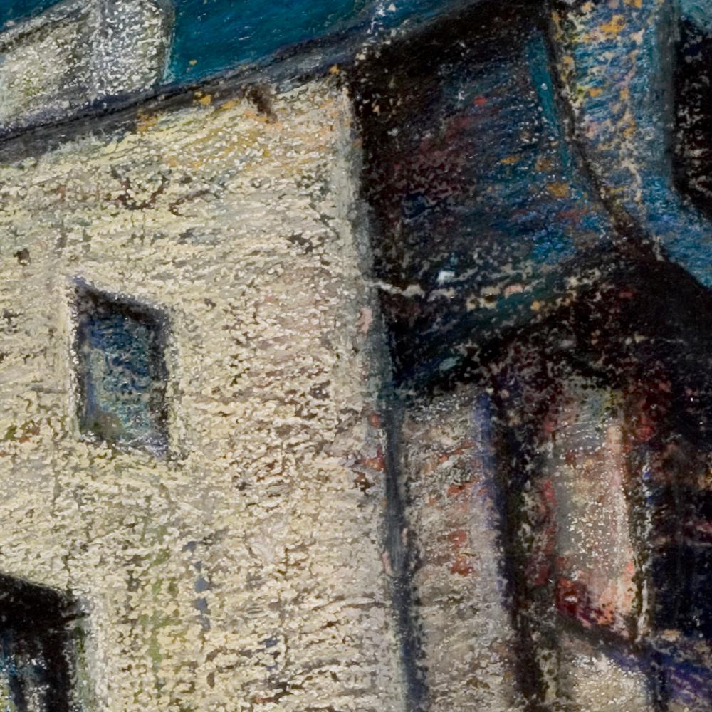 This artwork is part of a series of oil pastels from Marc Chaubaron, who aimed to keep a record of the old Saint-Goustan French port.

It depicts a house with a sloped roof and a windowed blue wood door, contiguous to a half-timbering house, at