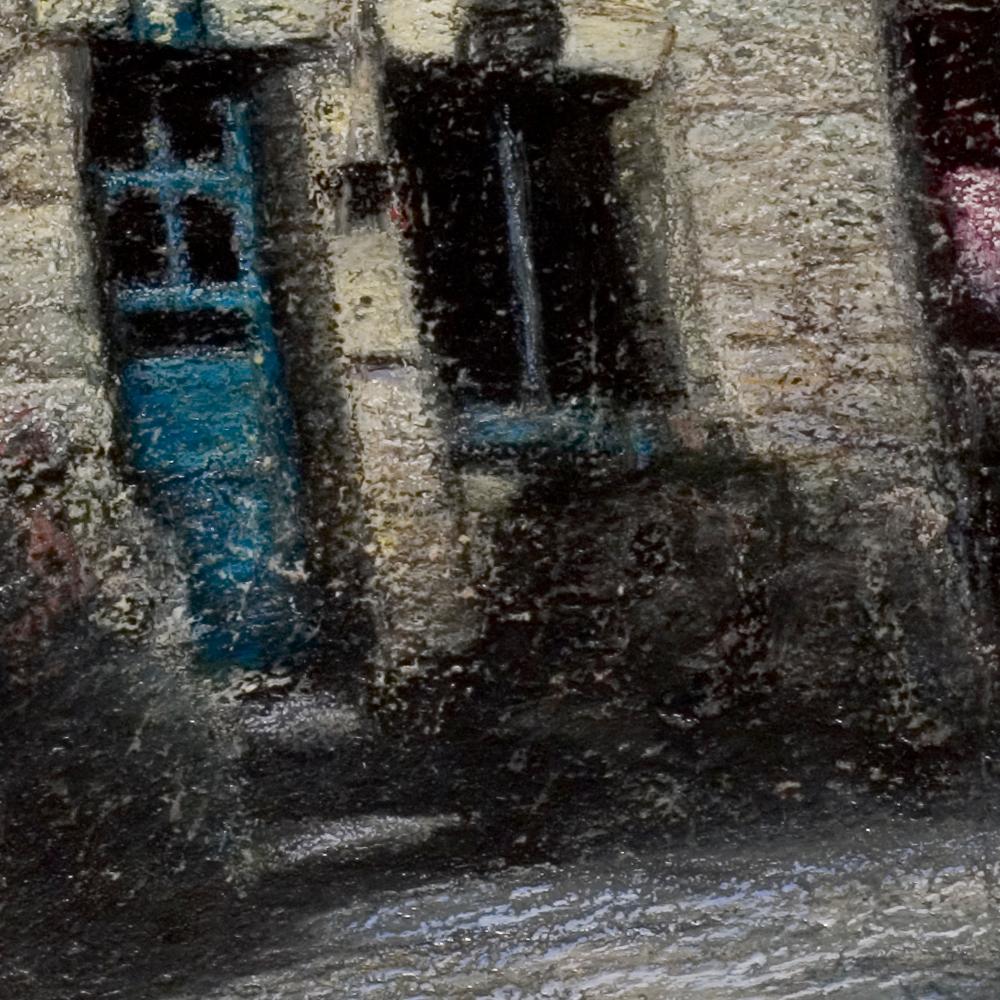 House with Blue Wood Door and Sloping Roof at Night Oil Pastel 2