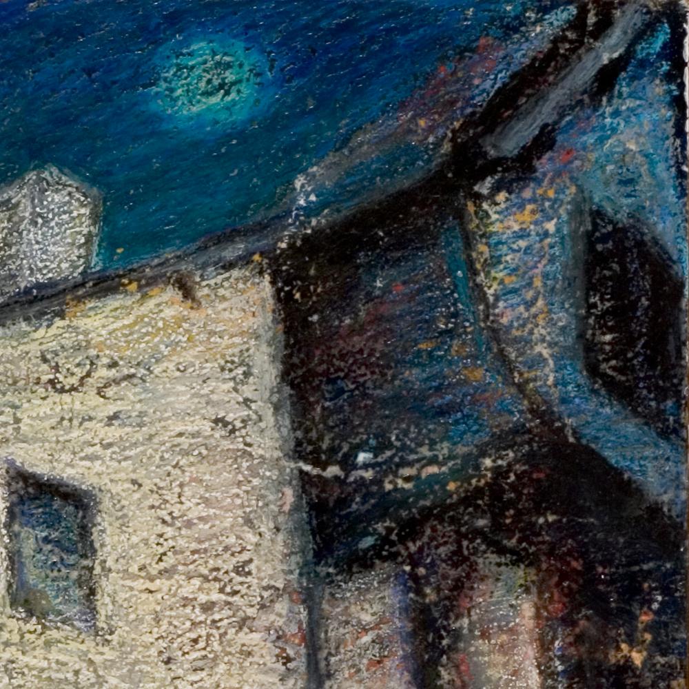 House with Blue Wood Door and Sloping Roof at Night Oil Pastel 5