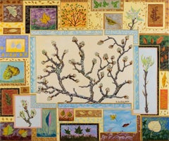"Buds", Patchwork of Sprouting Shoots and Tree Leaves Acrylic Painting