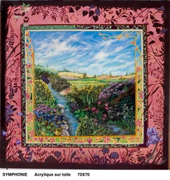 "Symphony", Stream in Blossoming Landscape Naive/Primitivist Acrylic Painting