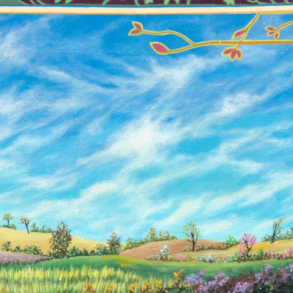 Esta hermosa obra de arte representa un arroyo en un paisaje muy florido.  El cielo es azul con cirros.  El paisaje está rodeado de varios marcos falsos con formas de plantas y flores.  El marco falso exterior es notablemente más grande, y figura un