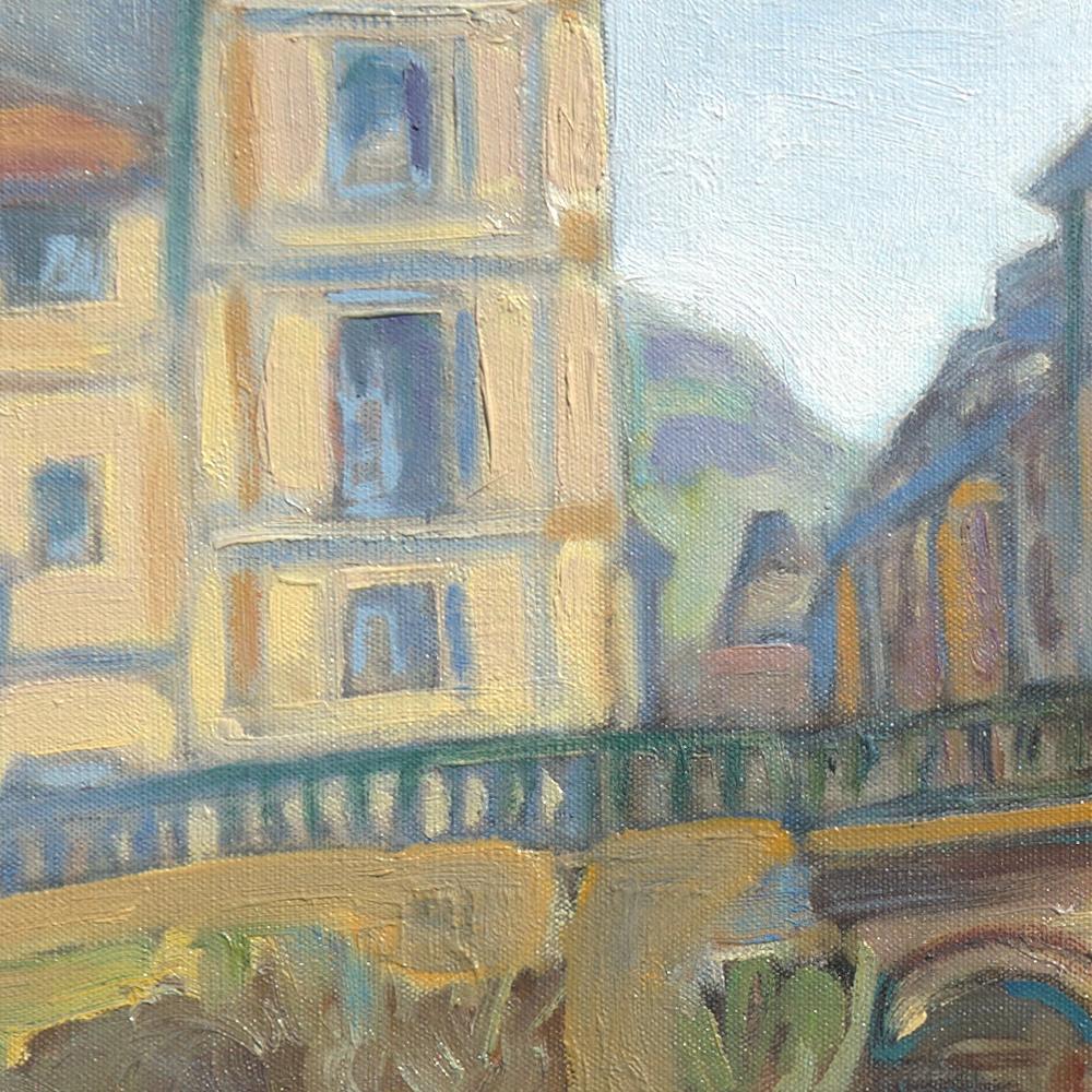 Dieses Kunstwerk zeigt die Steinbogenbrücke Pont Coudé in der französischen Stadt Brantôme, dem 