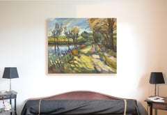 "Encounter", Dirt Road by a Pond Impressionist Rural Landscape Oil Painting