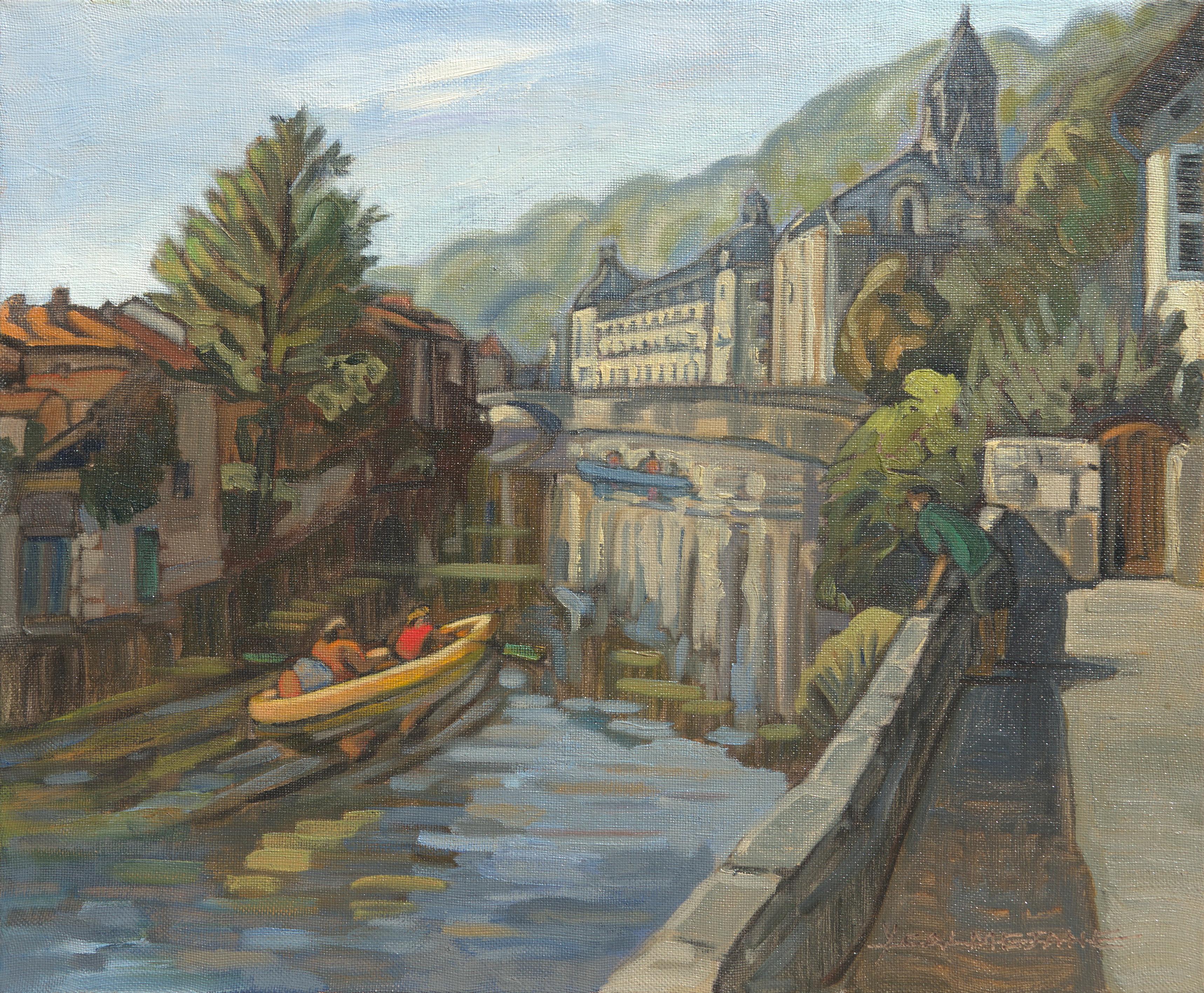 Yves Calméjane Landscape Painting - "Villégiature au fil de l'eau", Canoes in the River Towards Abbey Oil Painting