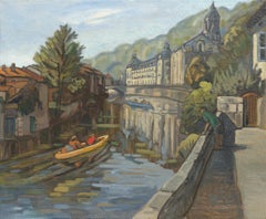 Vintage "Villégiature au fil de l'eau", Canoes in the River Towards Abbey Oil Painting