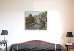 "Villégiature au fil de l'eau", Canoes in the River Towards Abbey Oil Painting