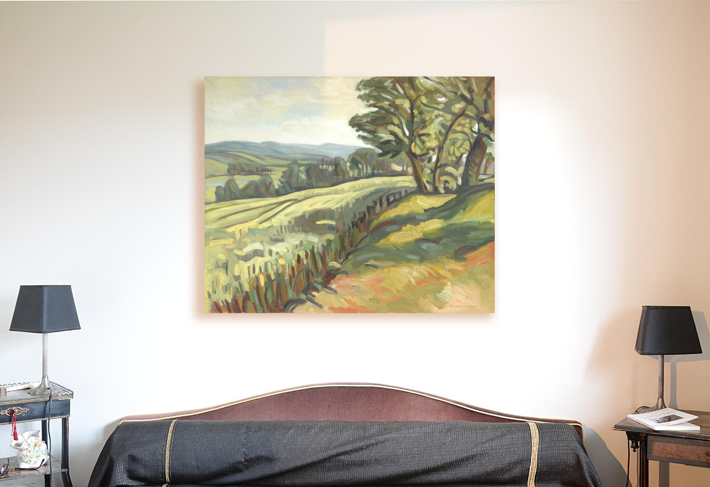 Impressionistisches Ölgemälde „Bäume auf Feldern“, Grüne Sommer-Landschaft – Painting von Yves Calméjane