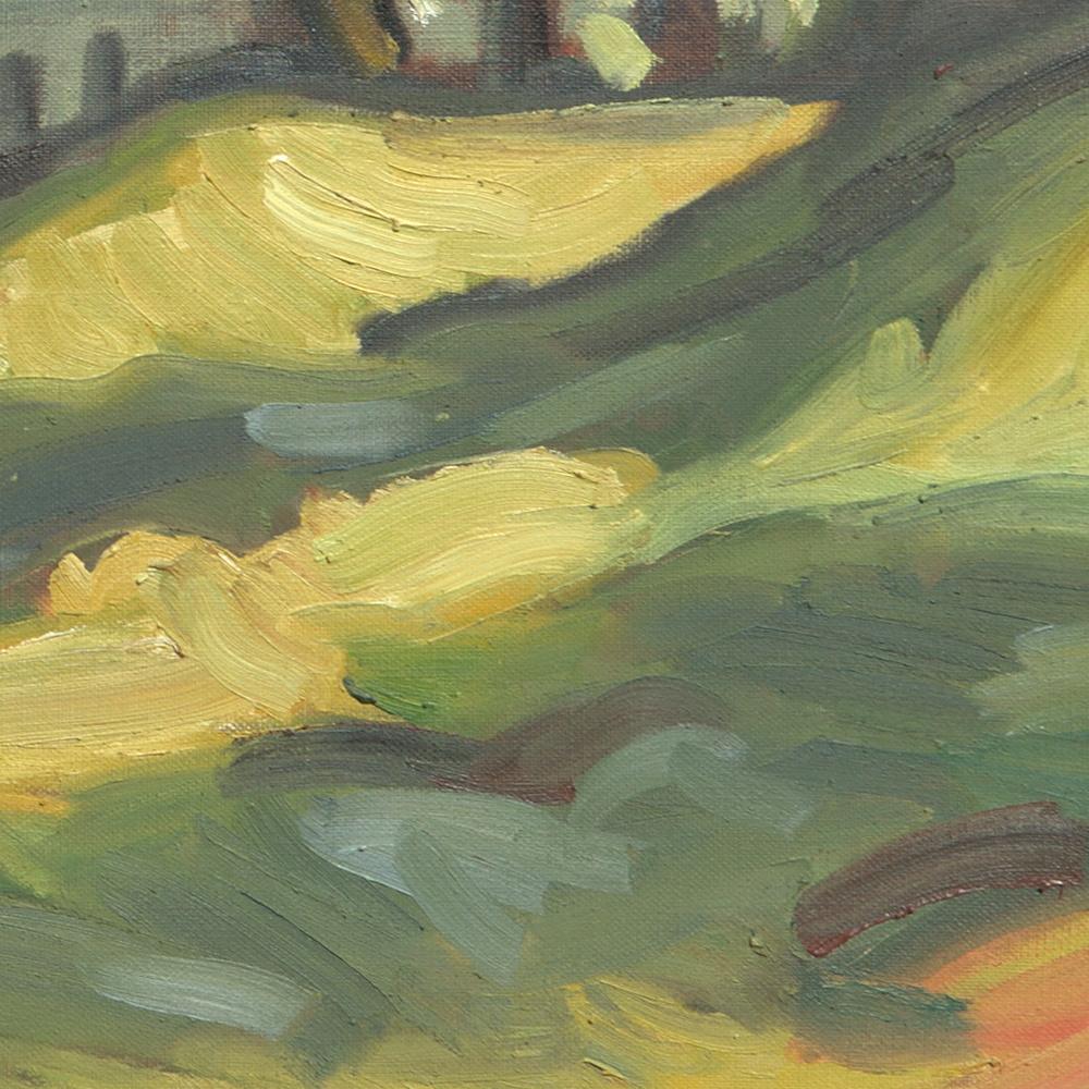 Impressionistisches Ölgemälde „Bäume auf Feldern“, Grüne Sommer-Landschaft (Braun), Landscape Painting, von Yves Calméjane