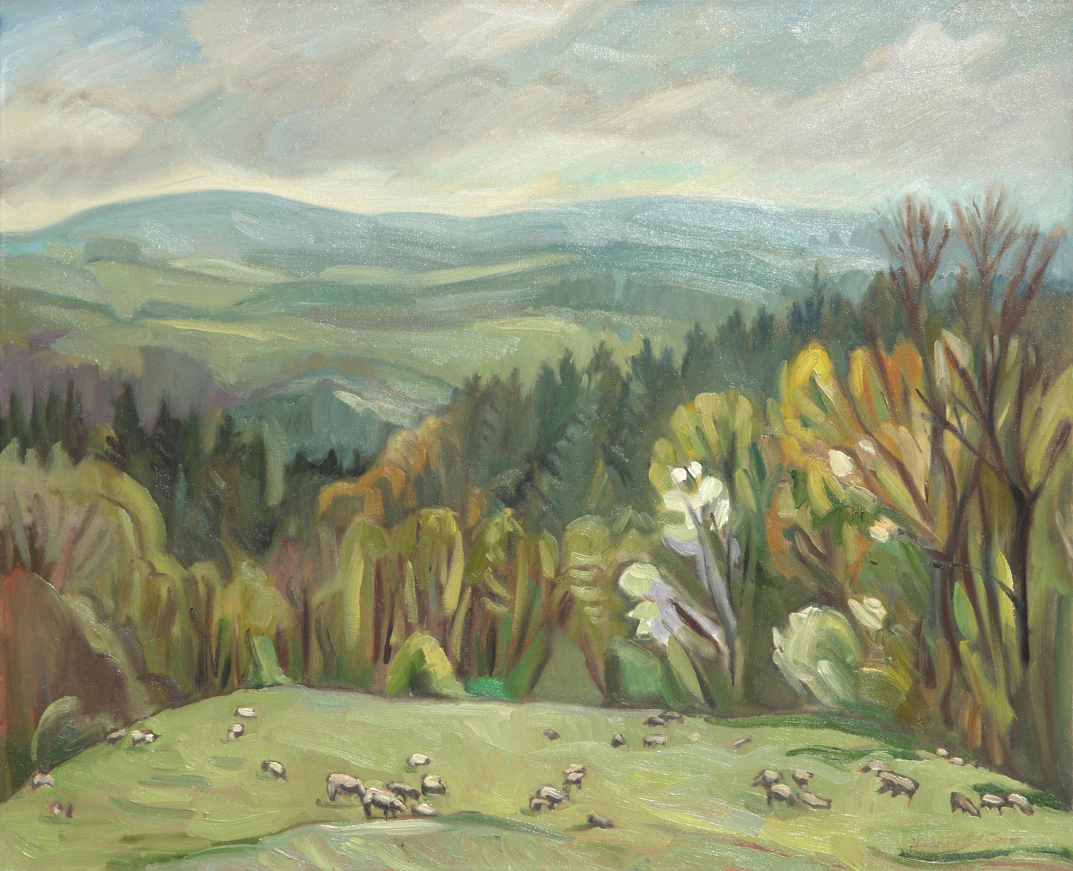Yves Calméjane Landscape Painting – "The Sheeps", Graze, Forest and Hills Green Impressionist Landscape Oil Painting